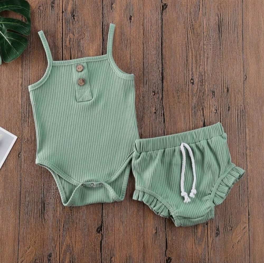 Sage Green Ribbed Baby Girl Boy Cotton Outfit Summer Bodysuit Bloomer Set 9-12M